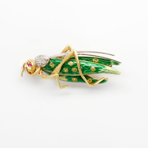 Diamond & Ruby 18K Yellow Gold Enameled Grasshopper Pin