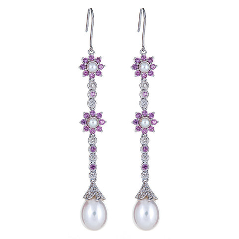 SOLD - Pearl, Pink Sapphire, & Diamond 14K White Gold Earrings