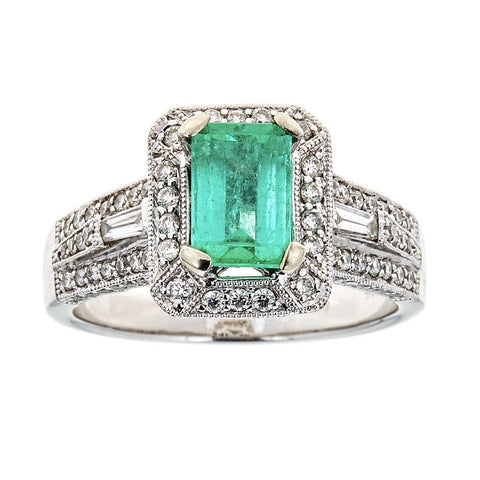 Emerald & Diamond Ring in 14K White Gold