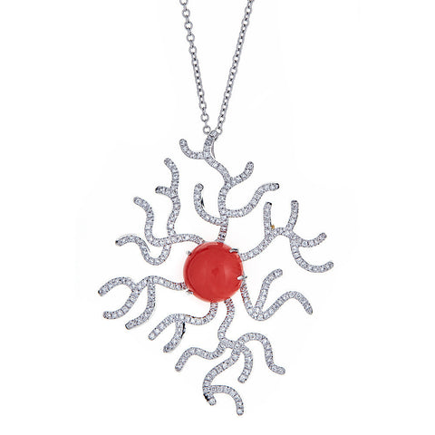 ZYDO Coral & Diamond 18K White Gold Pendant