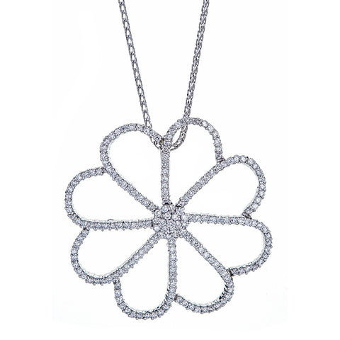 18K White Gold & Diamond Flower Pendant with 14K White Gold Chain