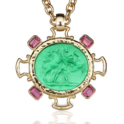 Green Intaglio & Pink Tourmaline Pendant in 18K Yellow Gold