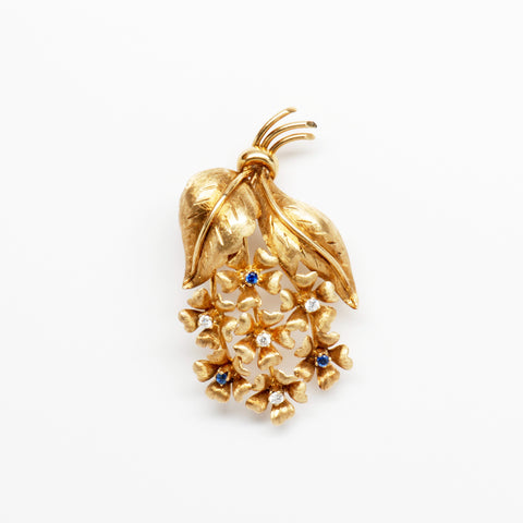 Tiffany Diamond & Sapphire 18K Yellow Gold Flowers & Leaves Pin