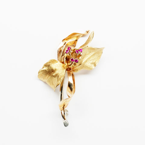 Ruby 18K Yellow Gold Flower Pin