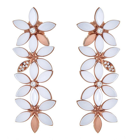 18K Rose Gold White Agate & Diamond Flower Earrings
