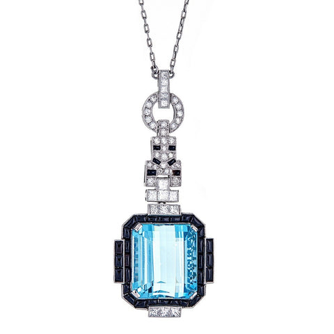 Aquamarine, Diamond, & Onyx Platinum Pendant