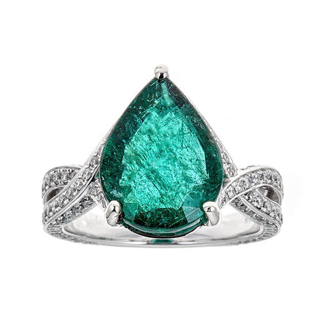 Emerald & Diamond Ring in 14K White Gold
