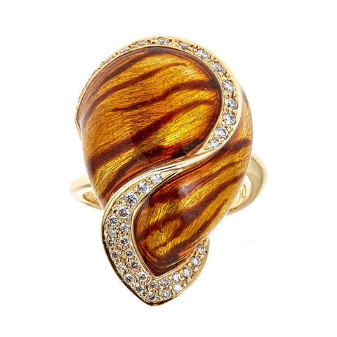 Enameled 18K Yellow Gold & Diamond Ring