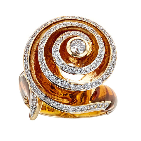 Enameled 18K Yellow Gold & Diamond Ring